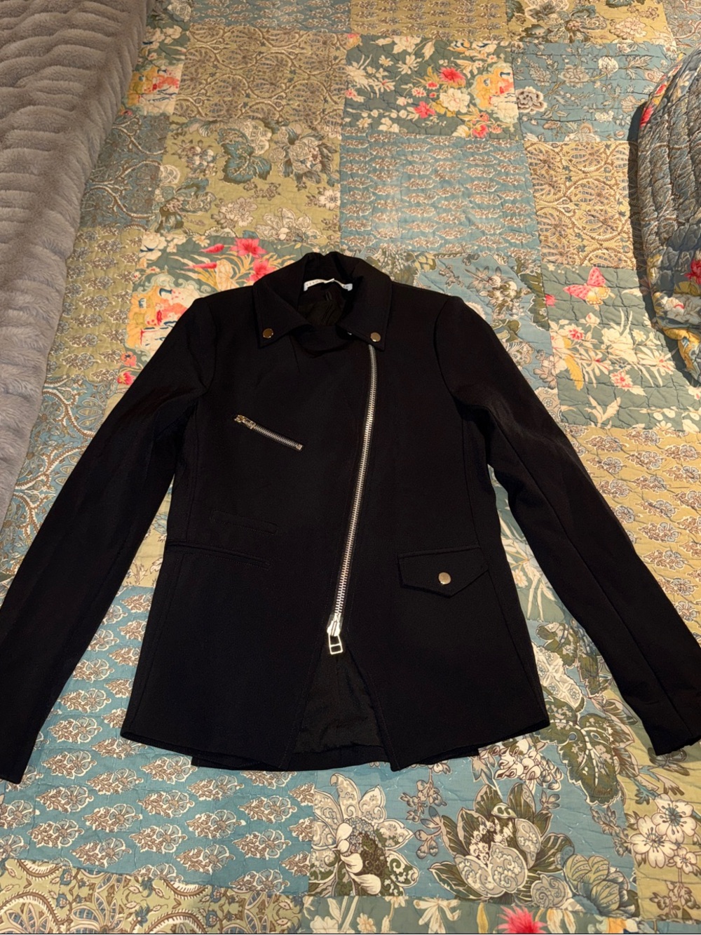 Veronica Beard Women’s Black Asymmetrical Moto Jacket With Multiple Pockets
